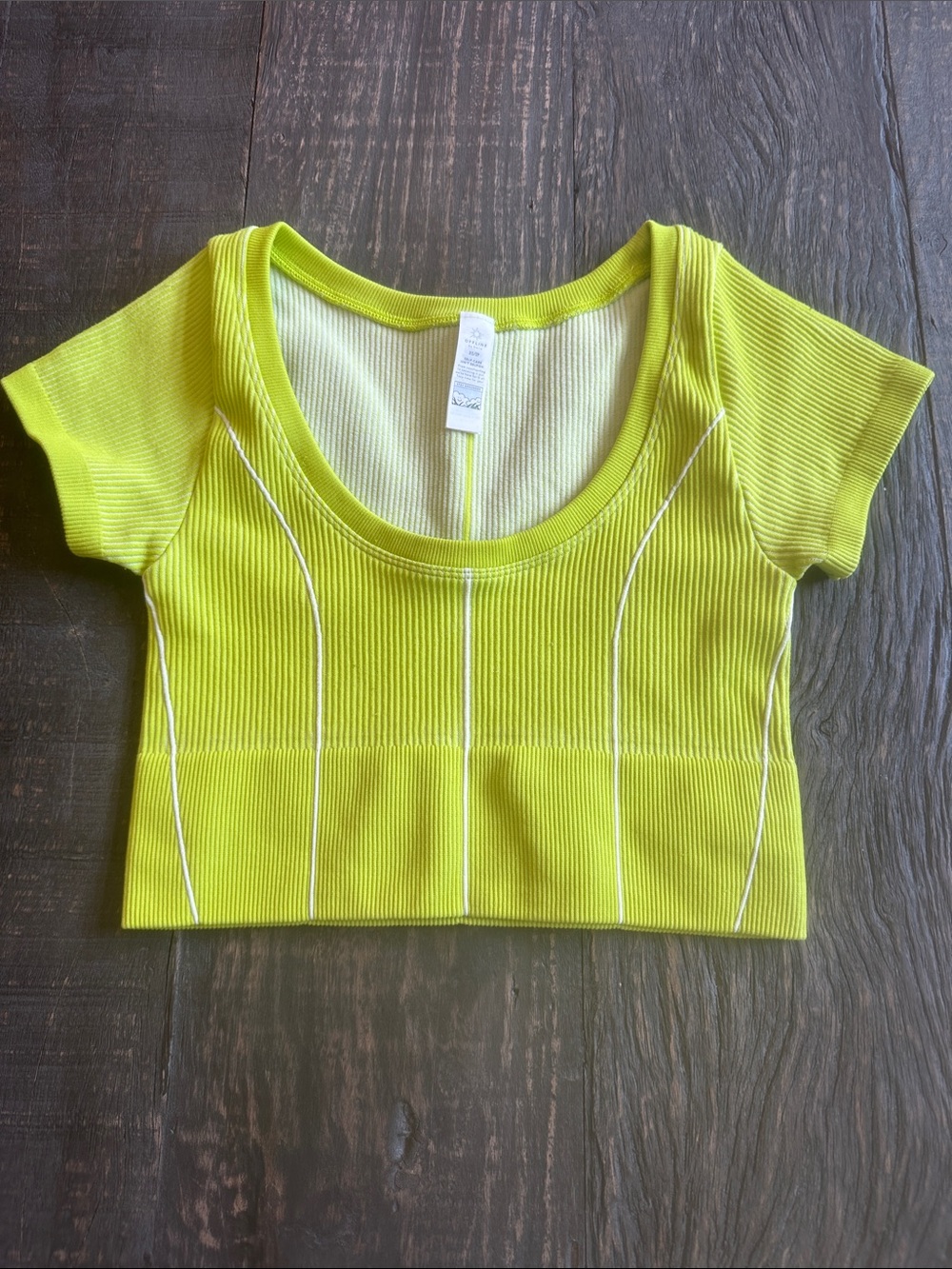 aerie Neon Lime Ribbed Scoop-Neck Crop Top with White Piping